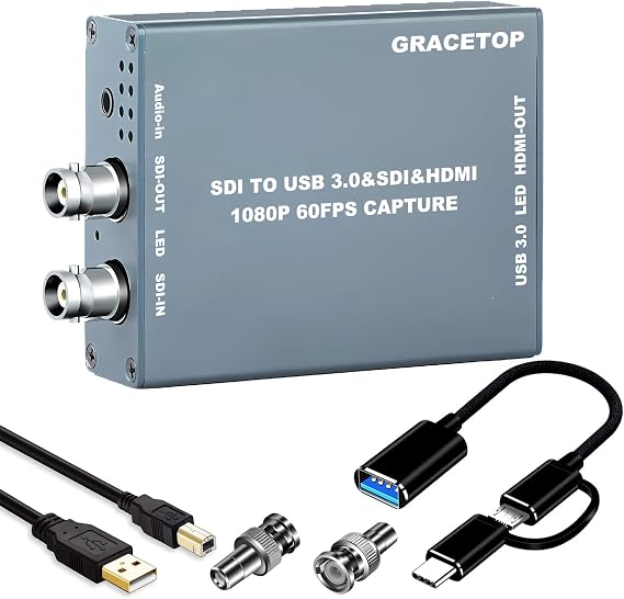 SDI Capture Card with SDI Loop Out/HDMI, SDI to HDMI Converter, 1080P60fps SDI to USB3.0 Audio Video Capture Device with SDI Loopout USB Video Record for SDI Camera Live Streaming
