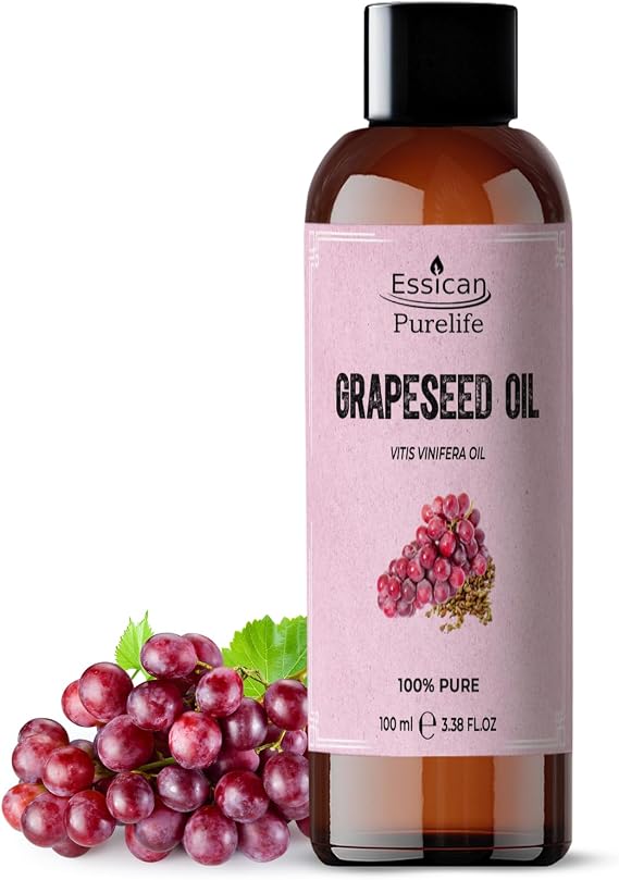 Essican Purelife 100ml Pure Grape Seed Oil for Hair, Skin &amp; Beard, Natural Grapeseed Oil Massage Aromatherapy Body Massage Oils - Multi Use &amp; Nourishing Scalp Moisturiser Oils with Vitamin E