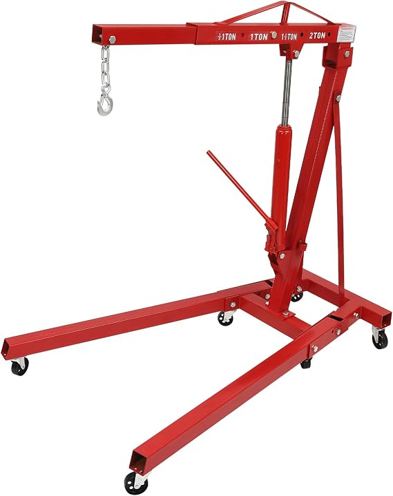 2 Ton Folding Engine Hoist Cherry Picker Shop Crane Hoist Lift,Folding Engine Shop Crane Hoist Lift, Heavy Cherry Picker with 6 Wheels for Garage, Workshop,Red