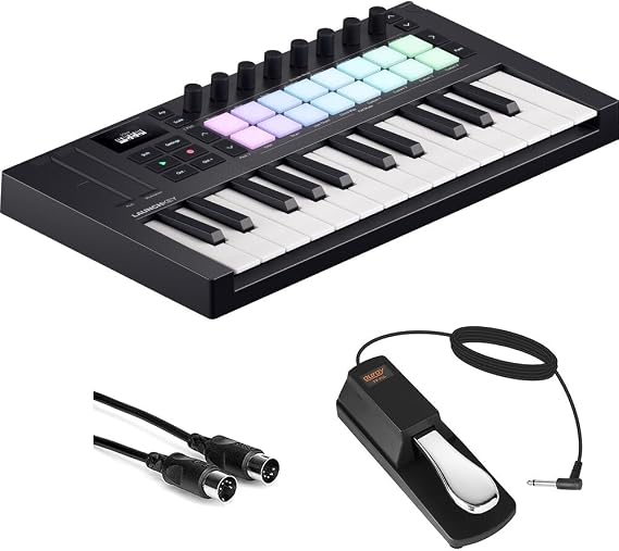 Novation Launchkey Mini 25 MK4 USB MIDI Keyboard Controller (25 Mini Keys) Bundle with Auray FP-P1L Universal Piano-Style Sustain Pedal and Hosa Mid-310 Black 10 ft. Midi cable