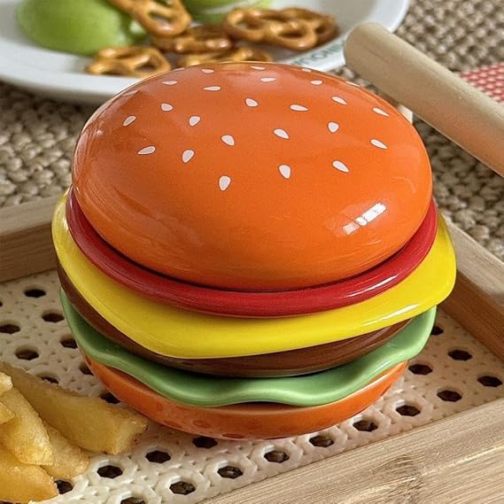 Hamburger Plates Set, Cute Stackable Ceramic Hamburger Shaped Bowls and Plates with Plates, Dishes, Bowls, Unique Burger Household Dinner Tray Gifts for Burger Dinnerware Lover