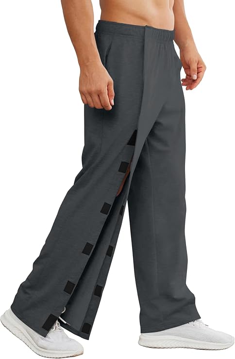 Deyeek Men's Tear Away Pants 2 Side Full Open Bottom Sweatpants Loose Fit Casual Adaptive Post Surgery Pants with Pockets