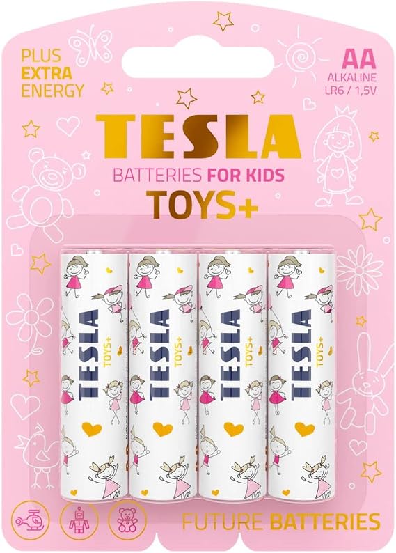 Tesla Toys+ Batteries for Girls, AA Maximum Power Alkaline Batteries, 10 Year Shelf Life, A Long-Lasting Battery Life, Leak-Free, LR06, 4 Count [Pack of 1]
