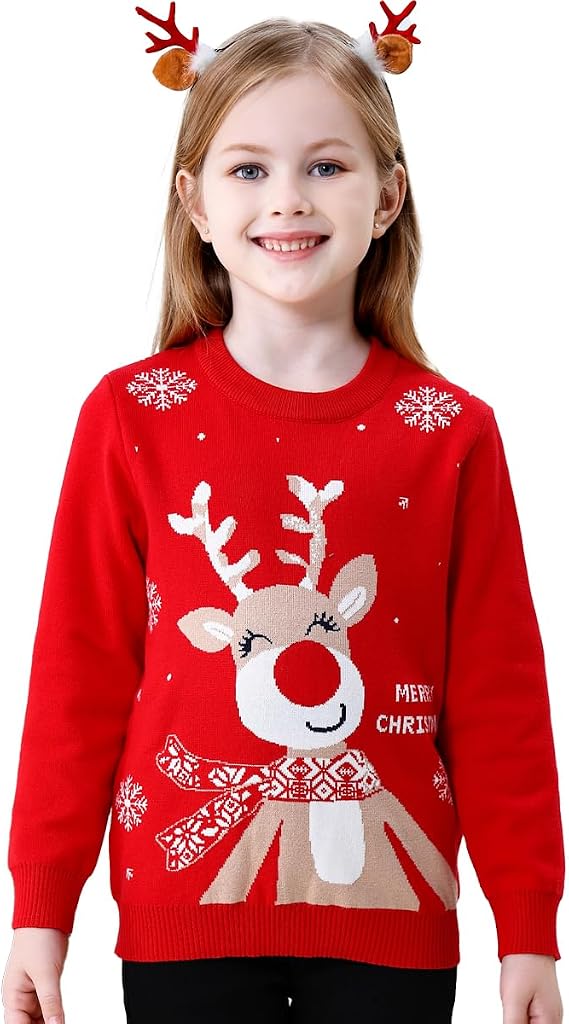 Girl Ugly Christmas Sweater - Big Boys Knitted Snowman Reindeer Xmas Holiday Pullover Sweater Kids Red 8-16 Years Old