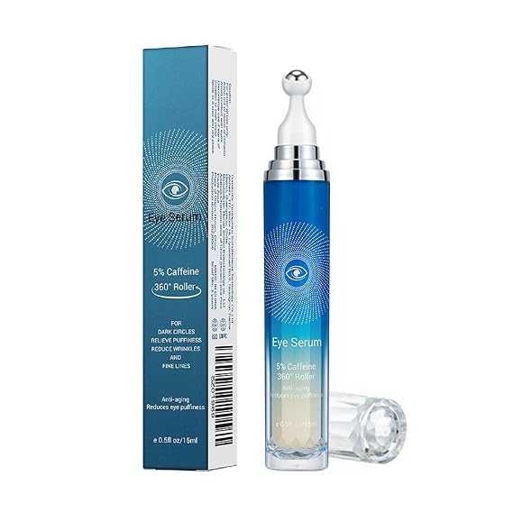 5% Caffeine Eye Serum, Anti-Aging Under Eye Roller Cream for Dark Circles Puffiness Wrinkles and Fine Lines, Korean EyeCare Cream with 360Massage Ball, EyeBags Treatment for Men and Women