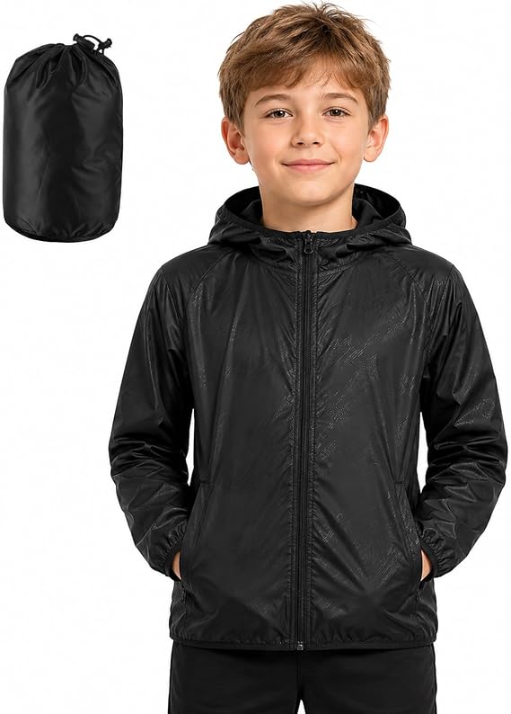 Kids Waterproof Jacket – Lightweight Packable Raincoat for Boys & Girls, UPF 50+ Sun Protection with Carry Pouch – Ideal for Hiking, Camping & School