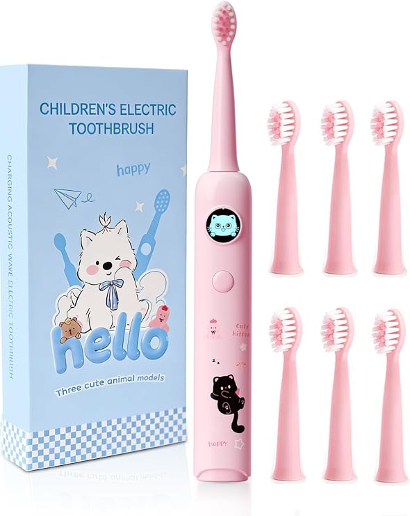 Kids Electric Toothbrush, Sonic Rechargeable Toothbrush with 6 Replacement Heads, Soft Bristle, IPX7 Waterproof, LED Display, Oral Care for Toddlers & Children Aged 2+ Years(Pink)