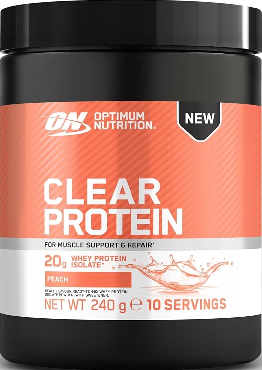 Optimum Nutrition Clear Whey Isolate, 20g Whey Protein Isolate, Peach, Zero Sugar, Protein Contributes to Muscle Growth, 240 g, 10 Servings