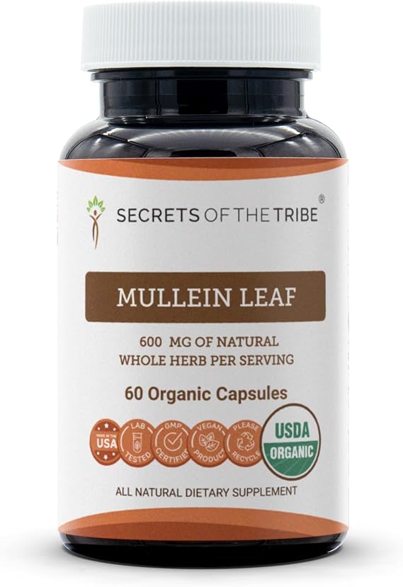 Secrets of the Tribe Mullein Leaf USDA Organic 60 Capsules | Made with Vegetarian Capsules and Certified Organic Mullein (Verbascum thapsus) Dried Leaf (60 Count)
