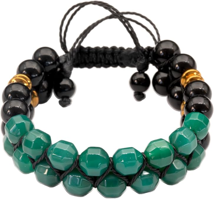 Natural Gemstone Double Row Macrame Bracelet for Men & Women | Handmade 8mm Bead Bracelet with Black Onyx & Hematite | Adjustable Waxed Cord | Zodiac Chakra Jewelry Gift