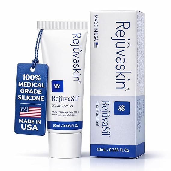 Rejuvaskin Silicone Scar Gel for Scars, 10 mL, Softens and Flattens Scars | Medical-grade silicone with vitamin C, emu oil and squalane for surgical scars, keloids, burns and acne marks.