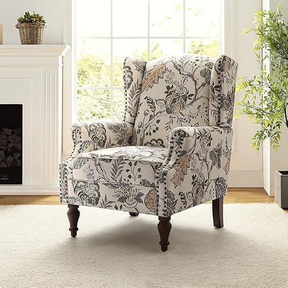 Wingback Chair Floral Fabric Accent Chair, Traditional Nailhead Trim Armchair with Retro Wooden Legs for Living Room, Upholstered Single Sofa, Green