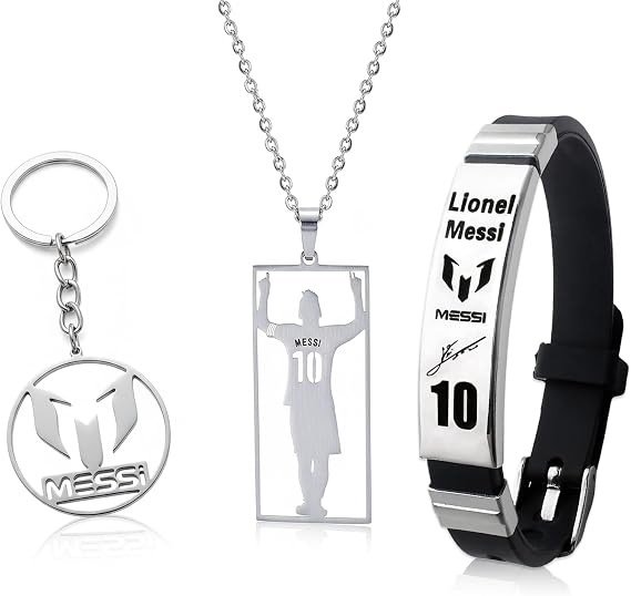 3PCS Messi Gifts for Boys Football Necklace for Adjustable Stainless Steel Adjustable Wristband Messi Football Kit Number 10 Cool Stuff for Boys Souvenir Footballs Fan Gifts