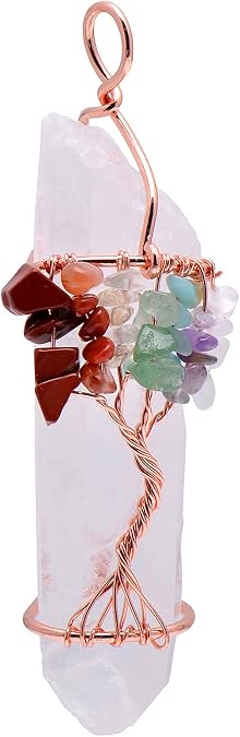 Hand wired Tree of Life 7 Chakra Stones Adorned Natural White Quartz Crystal Pendant Necklace, Rose Gold Tone