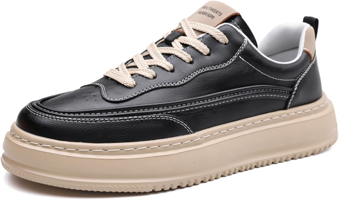 Mens Handmade Genuine Leather Casual Sneakers Shoes Lace Up Thick Rubber Sole Round Toe Comfortable Footwear for Walking Daily Wear Urban Outings Casual Social Events