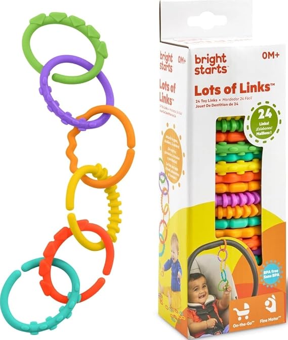 Bright Starts Lots of Links Rings Toys for Stroller or Carrier Seat, BPA-Free, Ages 0 Months Plus, Multicolor, 24 Count