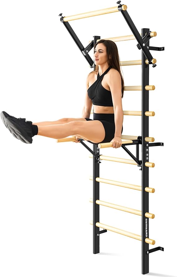 Swedish Ladder Wall Gym – Adjustable Pull Up and Dip Station, Solid Pine Construction for Home Fitness, Suitable for Adults and Kids
