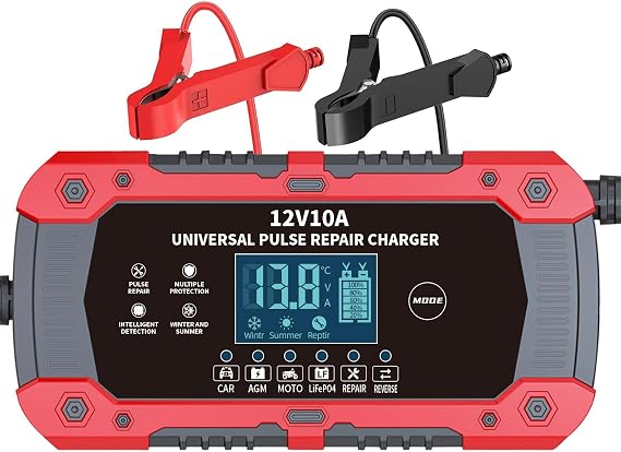 Car Battery Charger 12V 10A - 3-Stage Automatic Trickle Charger | Smart Battery Maintainer with LCD Display,Pulse Repair,for CAR,AGM,Moto,LiFePO4 Batteries,Compatible with Car,Motorcycle,ATV