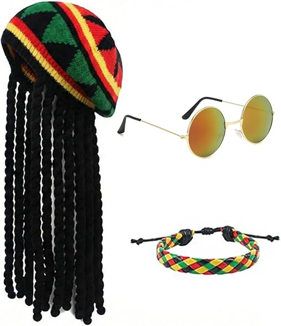 3Pcs Rasta Hat with Dreadlocks Set, Dreadlock Wig (22x95cm), Adjustable Bracelet (17cm)& Glasses, Jamaican Fancy Dress Wigs, Bob Marley Costume Accessories for Parties & Theme Events