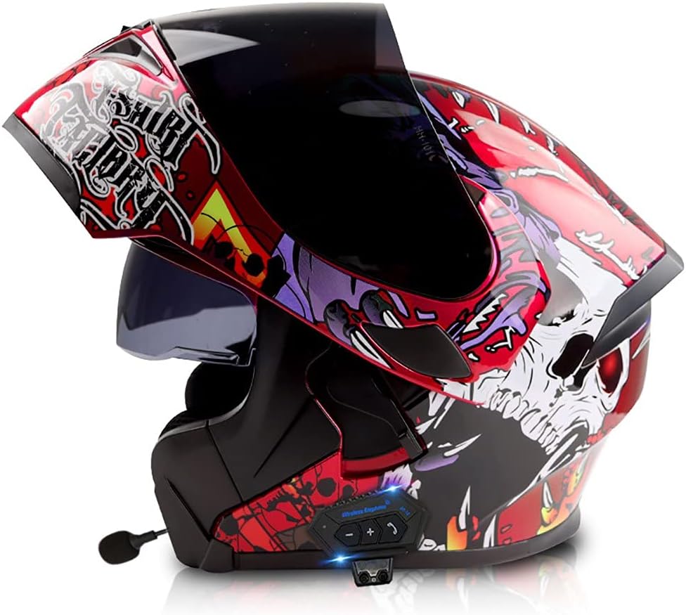 Motorcycle Helmet Flip-Up Modular Helmets with Bluetooth Helmet, DOT ECE Certified Full Face Helmet Scooter Helmet Crash Helmet Double Anti-fog Visors Ideal for Men Women 57~64cm