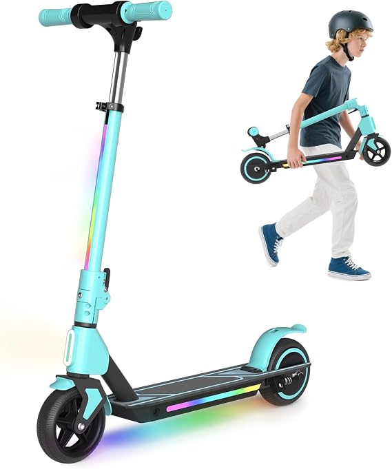 Electric Scooter for Kids Age 6-12, 130W Powerful Motor, Colorful Lights, Foldable Teen Scooter, Gifts for Kids Girls Boys