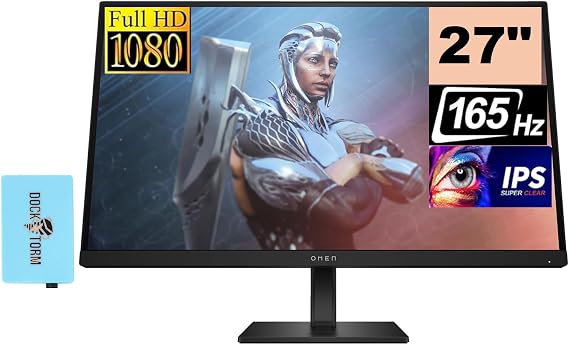 HP OMEN HDR Monitor 780F9AA#ABA Bundle with Docztorm Dock, 27" FHD IPS (1920x1080) 165Hz Display, 2 HDMI 2.0, 1 DisplayPort 1.4, VESA Mount (100x100 mm), Ideal for Gaming, Black (2025 Latest Model)