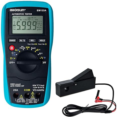 allsun Automotive Dwell Meter Digital Multimeter Autoranging TRMS 5999 Counts ACA/DCA Max.20A for RPM Dwell Angle Pulse Width Tach Temperature Duty Cycle Data Hold Test,Meter to PC EM133A
