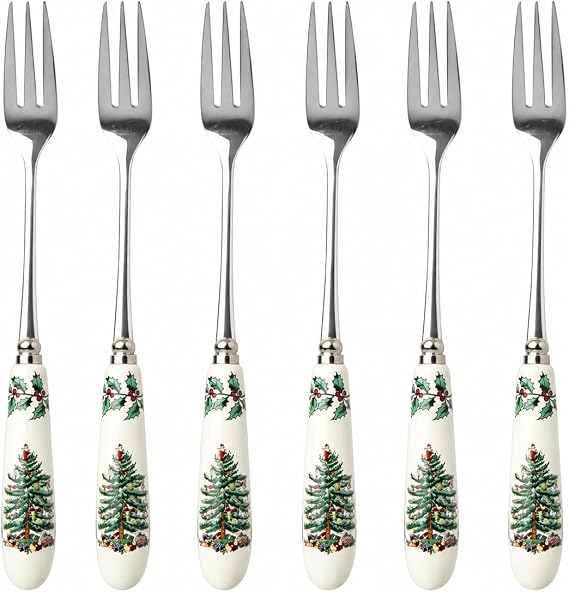 Spode Christmas Tree Pastry Forks (Set of 6), Stainless Steel Forks with Porcelain Handles for Holiday Meals, 6-Inch Festive Christmas Flatware - Seasonal Tableware & Silverware Gift Set