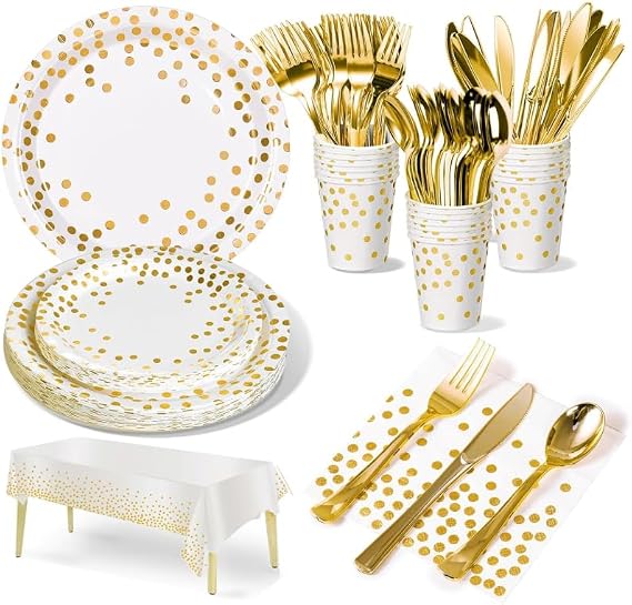 Party Tableware Paper Plates and Napkins Set, 141PCS Party Paper Plates Cups Napkins and Cutlery Party Dinnerware Set for Birthday Decorations New Year Wedding Christmas Picnic (20 Guests, White&Gold)