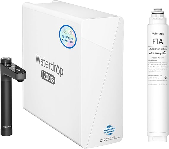 Waterdrop X12-WAB Alkaline Mineral Tankless Reverse Osmosis Water Filter, with F1A Alkaline Mineral Filter, NSF/ANSI 42&58&372 Certified, 1200 GPD, 11-Stage RO Water Filter System, 3:1 Pure to Drain