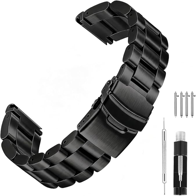 Heavy-duty Stainless Steel Watch Band 20mm 22mm 24mm 26mm, Solid Black Silver Gunmetal Brushed Watch Bands Double Locking Clasp Strap for Men