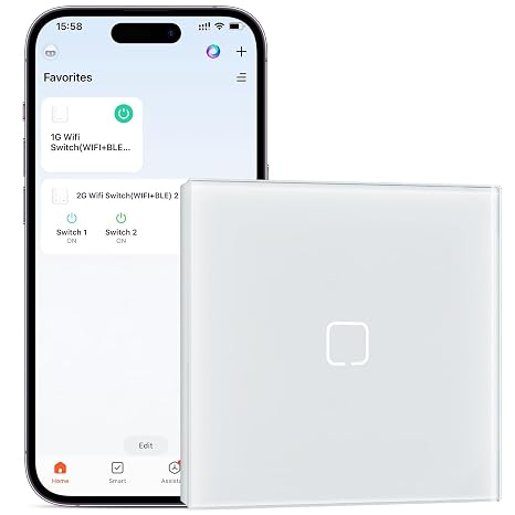 Smart WiFi Light Switch,Intelligent Touch Wall Switch for Smart Home,Compatible with Alexa,Google Home(Via Tuya/Smart Life App),86 * 86mm 1 Gang,White(Neutral Wire Required)
