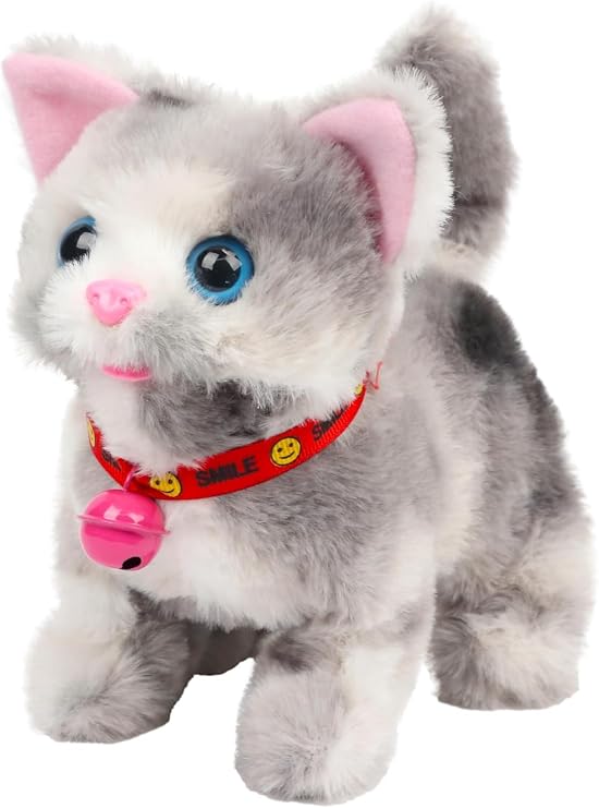 Walking Stuffed Animal Talking Wagging Nodding Educational Plush Kitty Toy Electric Interactive Animated Plushies for Girls Boys Birthday,Grey Cat, 7"