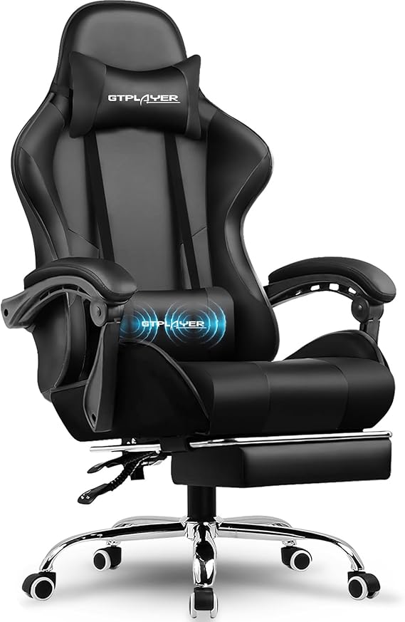 GTPLAYER Gaming Chair, Office Chair, Ergonomic PC Chair, Gaming Chair with Massage Support, Task Chairs with Footrest and Headrest, Black Faux Leather
