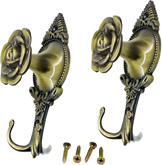 Ailejia Pair Vintage Decorative Drapery Curtain Holdbacks Tieback Hooks Wall Hanging Coat Hooks Flower Design Hookbacks (2 pcs Rose)