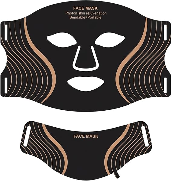 Lanveza Skin LED Light Therapy Mask LED Neck Mask Seven Modes Firming Collagen Skin Rejuvenation (Black+Neck Cover)