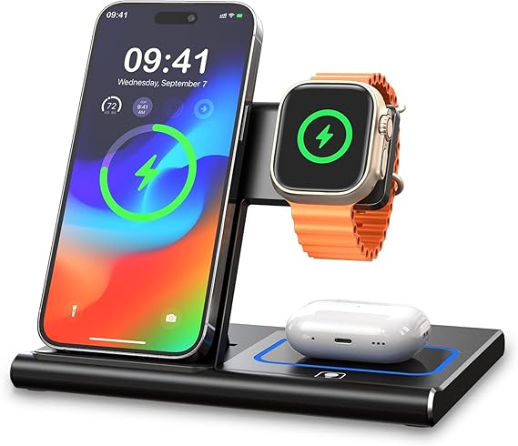 EXW [2024 Upgraded] Charging Station, Charging Station for Apple Devices, Wireless Charger for iPhone 16 15 14 13 12 11 Pro Max XR XS 8, Apple Watch and AirPods(Adapter Not Included)(Rock Black)