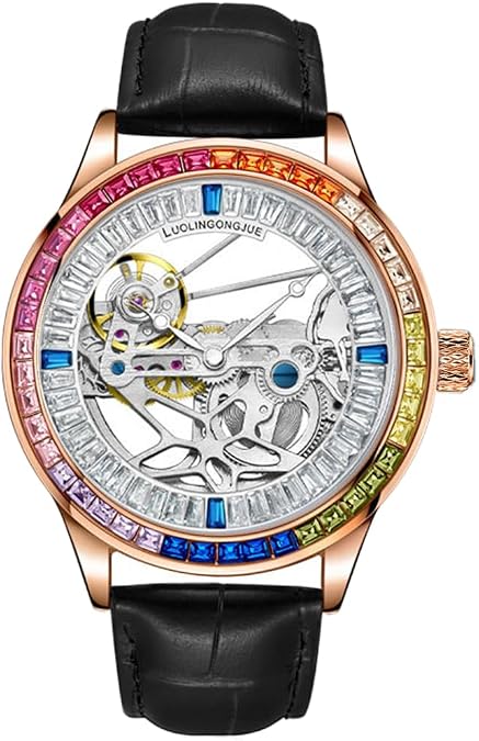 Skeleton Flywheel Mechanical Watches Rainbow Bezel Transparent Movement Dial Automatic Watch Waterproof Birthday Festive Gift for Men