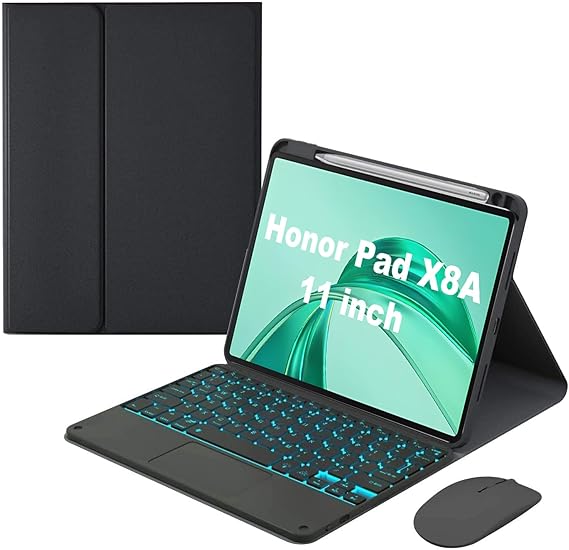 Keyboard Case for Honor Pad X8A 11 with Touchpad, Detachable Backlit Keyboard Slim Leather Folio Smart Cover with Pencil Holder,Black