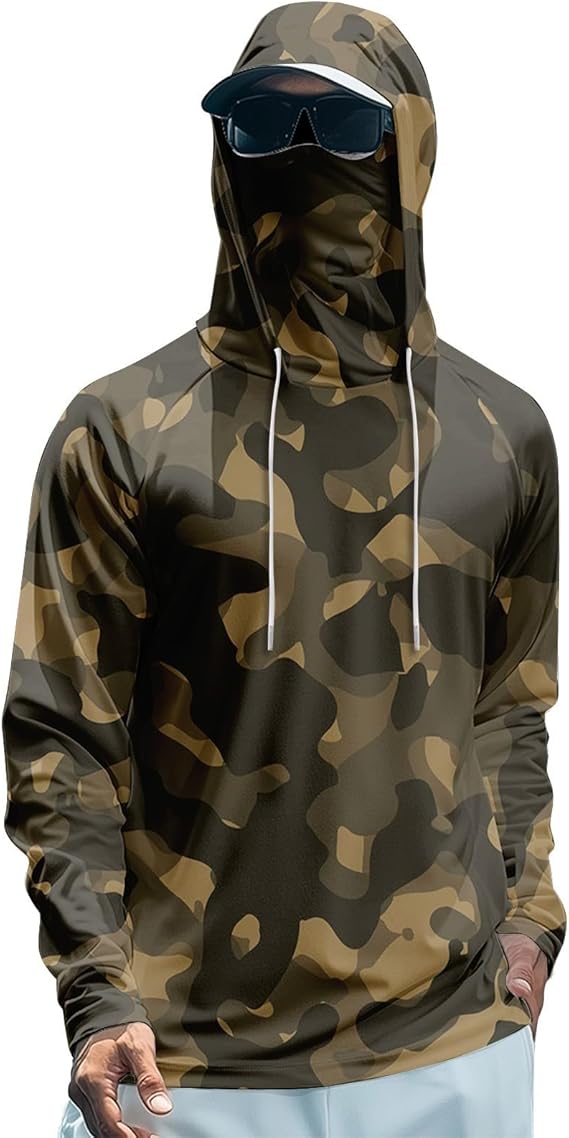 Sun Protection Fishing Shirts for Men UPF 50+ Long Sleeve Hoodie with Face Mask UV Rash Guard Quick Dry Hiking Shirt