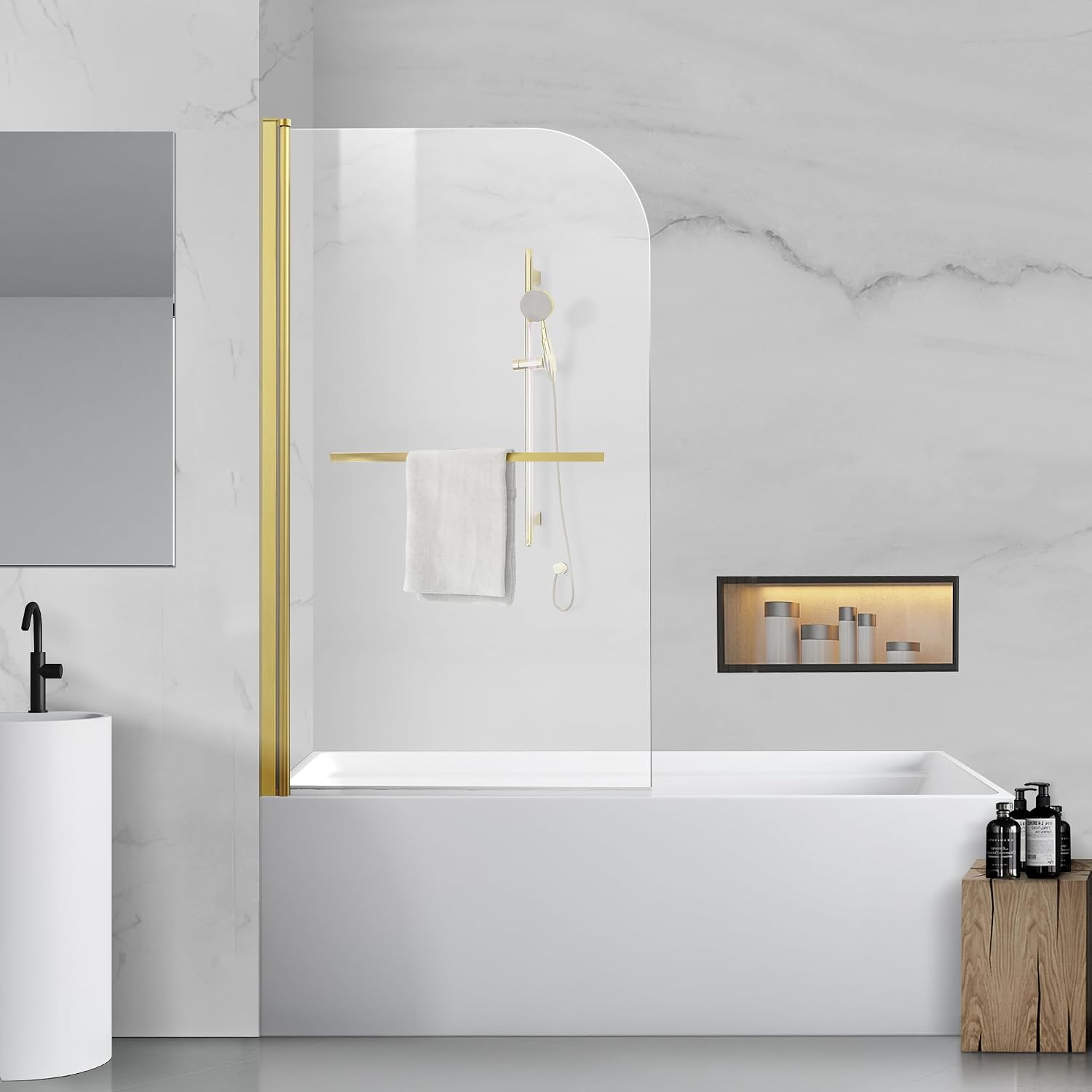 Tub Shower Door, Bathroom Shower Glass Door 34  58 Inch Frameless Bathtub Shower Screen with Tempered Glass 6mm, Brushed Gold Finish and Door Handle
