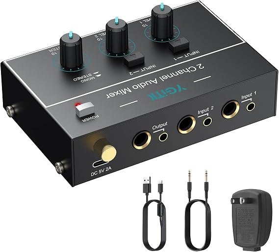 2 Channel Stereo Mixer 1/4" 1/8" TSR Audio Output/Input Jacks for Guitars