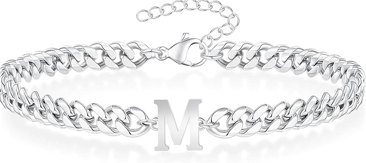 TAGOMEI Silver Initial Bracelets for Men Stainless Steel Cuban Link Matching Couple Bracelets Gifts for Boyfriend Him Birthday Christmas Gift for Men Jewelry A-Z Letter Bracelet Stocking Stuffers