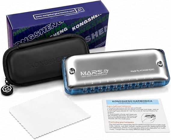 KONGSHENG Mars M2 10-Hole Diatonic Harmonica(A) - Light Blue Transparent Acrylic Comb with Round-Square Hole Mouthpiece, Phosphor Bronze Reeds & Case for Beginners & Pros