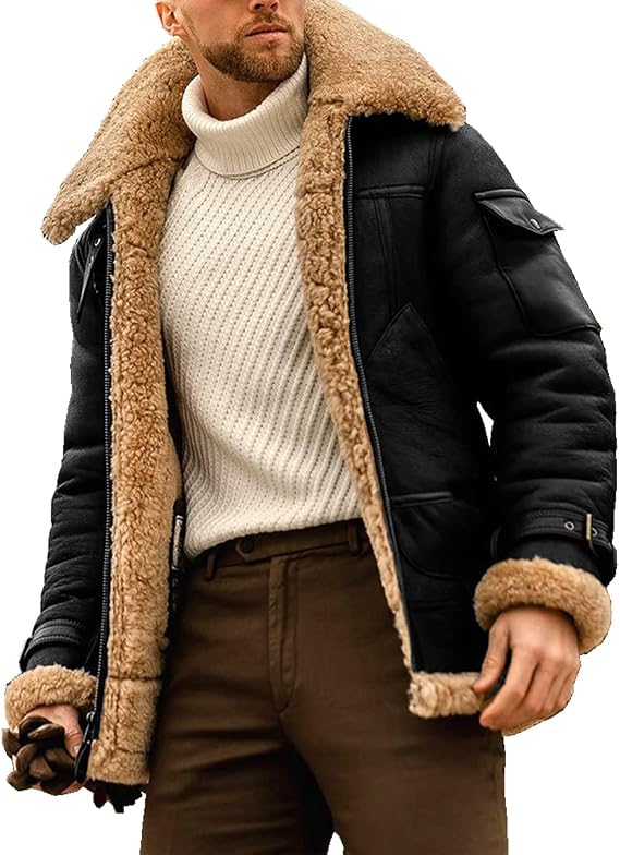 Men's Winter Warm Fleece Lapel Jacket Motorcycle Fur Leather Vintage Coat Outwears