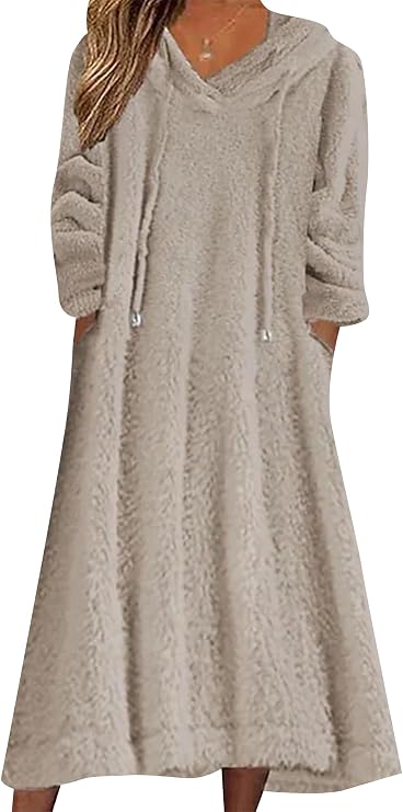 Women's Long Sleeve Fall Draw Rope Fleece Oversized Solid Color Dress Home Winter Pullover