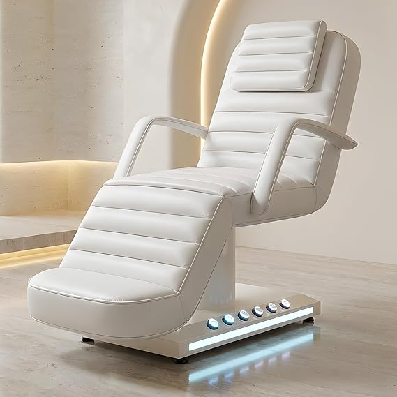 Electric Massage Table with LED Light, Adjustable Facial Bed with Foot Control for Spa, Tattoo, Waxing, and Eyelash Extension, Removable Headrest and Armrest, 90 Back & Leg Adjustment (White)