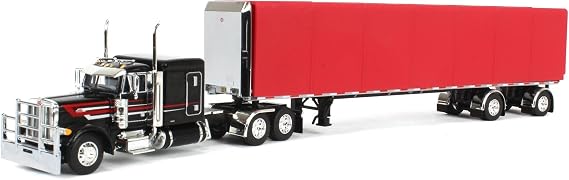 DCP 1/64 Black & Red Peterbilt 379 63in Flattop Sleeper with 53ft Utility Roll Tarp Trailer 60-1612