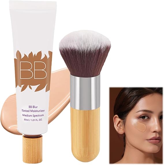 BB Blur Tinted Moisturizer with Brush, BB Tinted Moisturiser Spf30+, Hydrates & Smooths Your Skin，Medium to Full Coverage, Matte Finish, All Skin Tones, BB Cream with Broad Medium Spectrum(Natural)