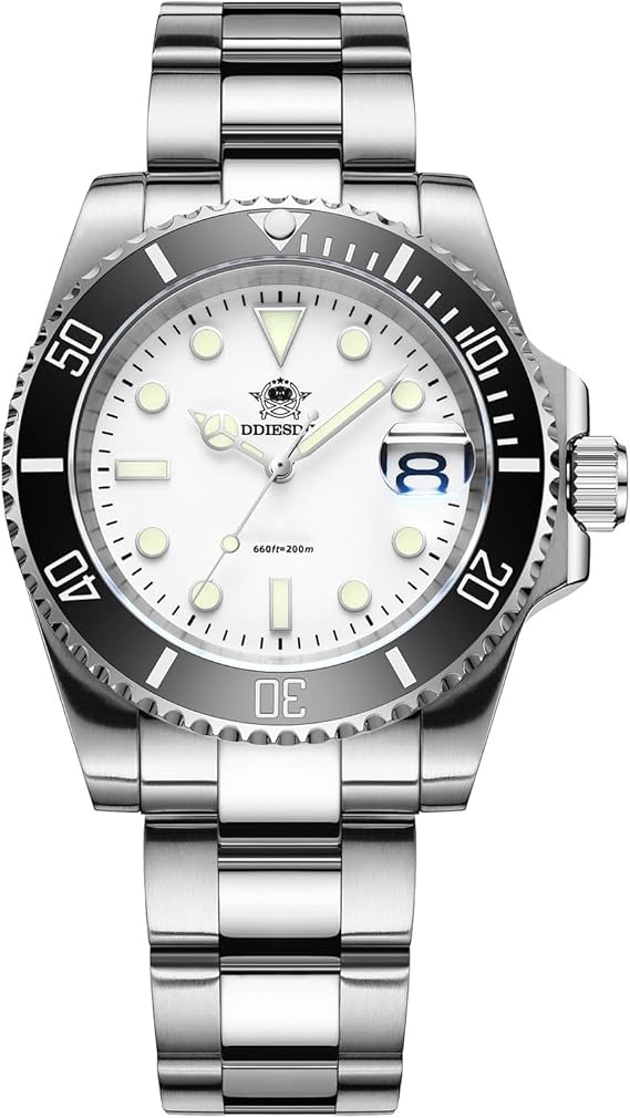 ADDIESDIVE 41mm Quartz Watch Men Diver 200M Steel Watch, White, Bracelet